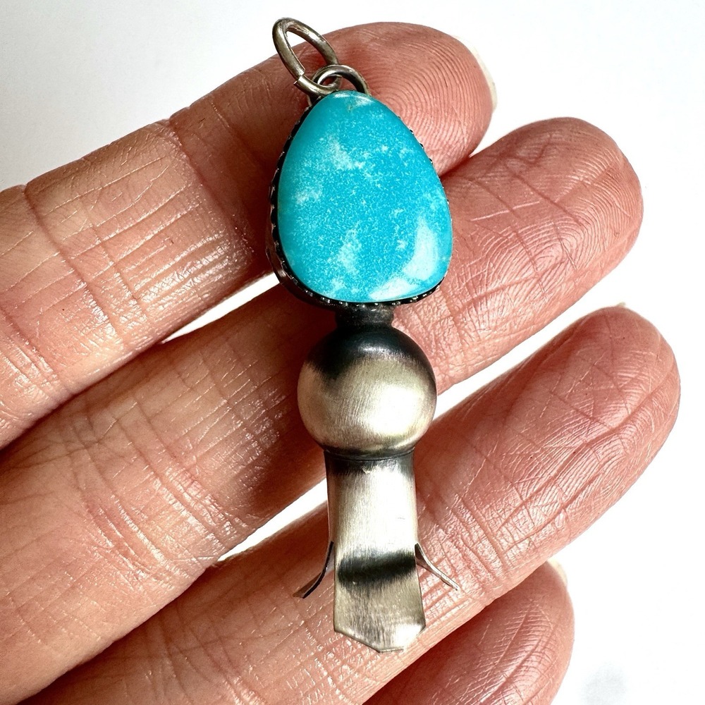 Navajo Squash Blossom Pendant Turquoise 1.75in Signed T3 Sterling Naja‎ Antiqued